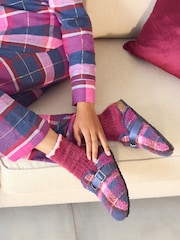 Laura Ashley Navy/Pink Check Borg Mules - Image 1 of 7