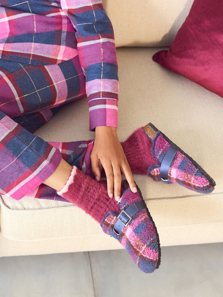 Laura Ashley Navy/Pink Check Borg Mules - Image 1 of 7