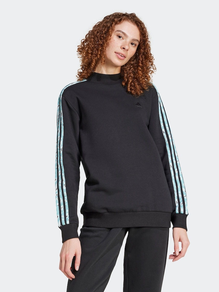 adidas Black/Animal Print Longline 3 Stripe Sweater - Image 1 of 7