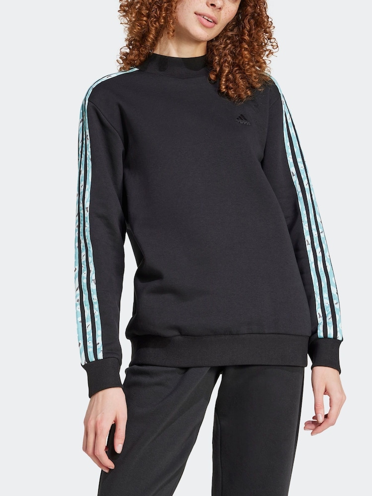 adidas Black/Animal Print Longline 3 Stripe Sweater - Image 3 of 7