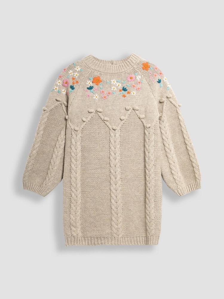 JoJo Maman Bébé Cream Floral Embroidered Cable Knitted Dress - Image 1 of 3