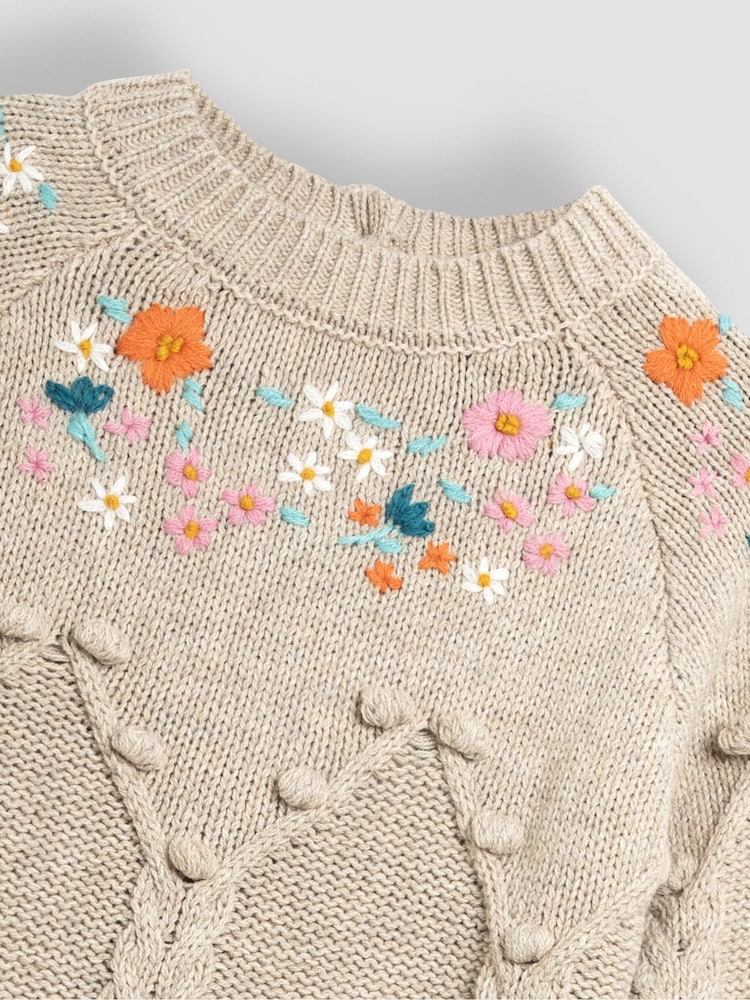 JoJo Maman Bébé Cream Floral Embroidered Cable Knitted Dress - Image 3 of 3
