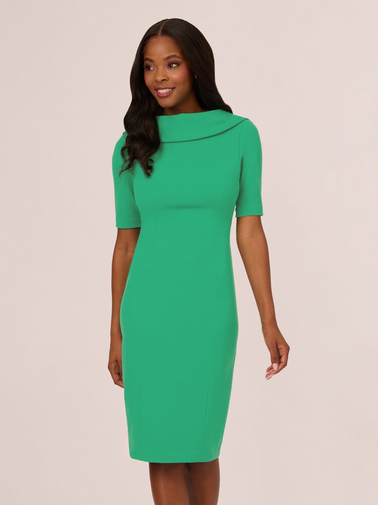 Adrianna Papell Green Roll Neck Sheath Dress With V-Back - Image 1 of 7