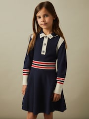 Reiss Navy Vienne 13-14 yrs Knitted Button-Through Funnel Neck Skater Dress - Image 2 of 4