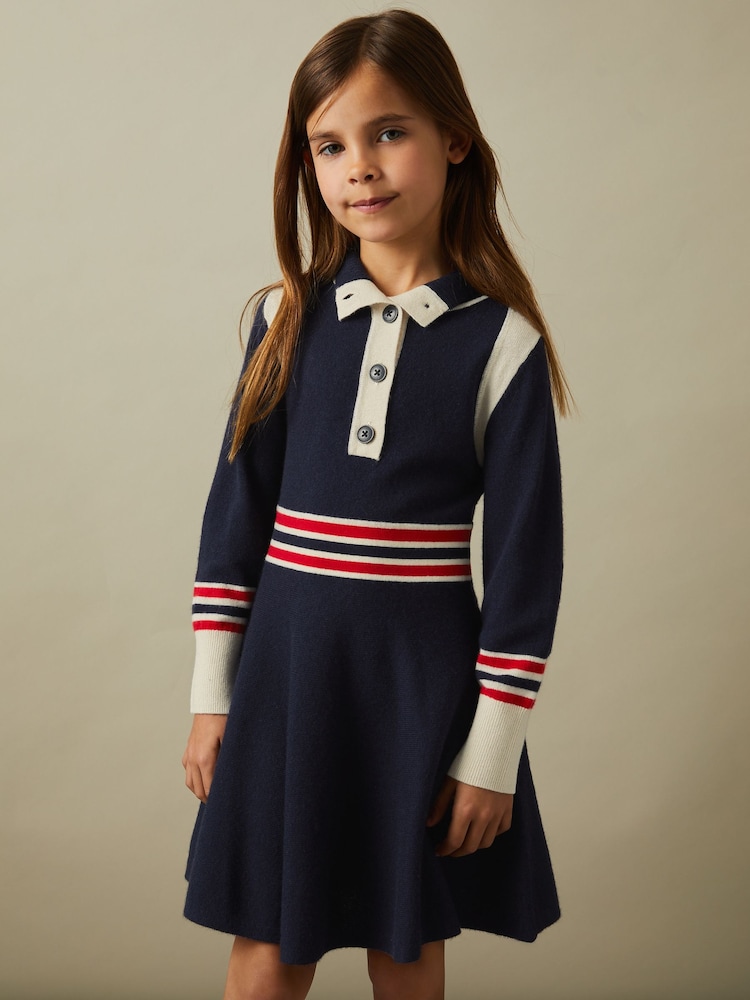 Reiss Navy Vienne 13-14 yrs Knitted Button-Through Funnel Neck Skater Dress - Image 2 of 4