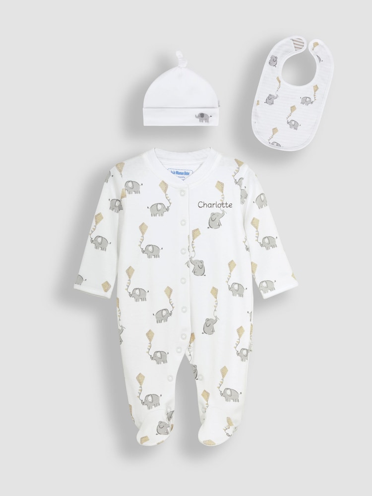 JoJo Maman Bébé White Personalised Sleepsuit Hats and Bibs Set 3 Pack - Image 1 of 8