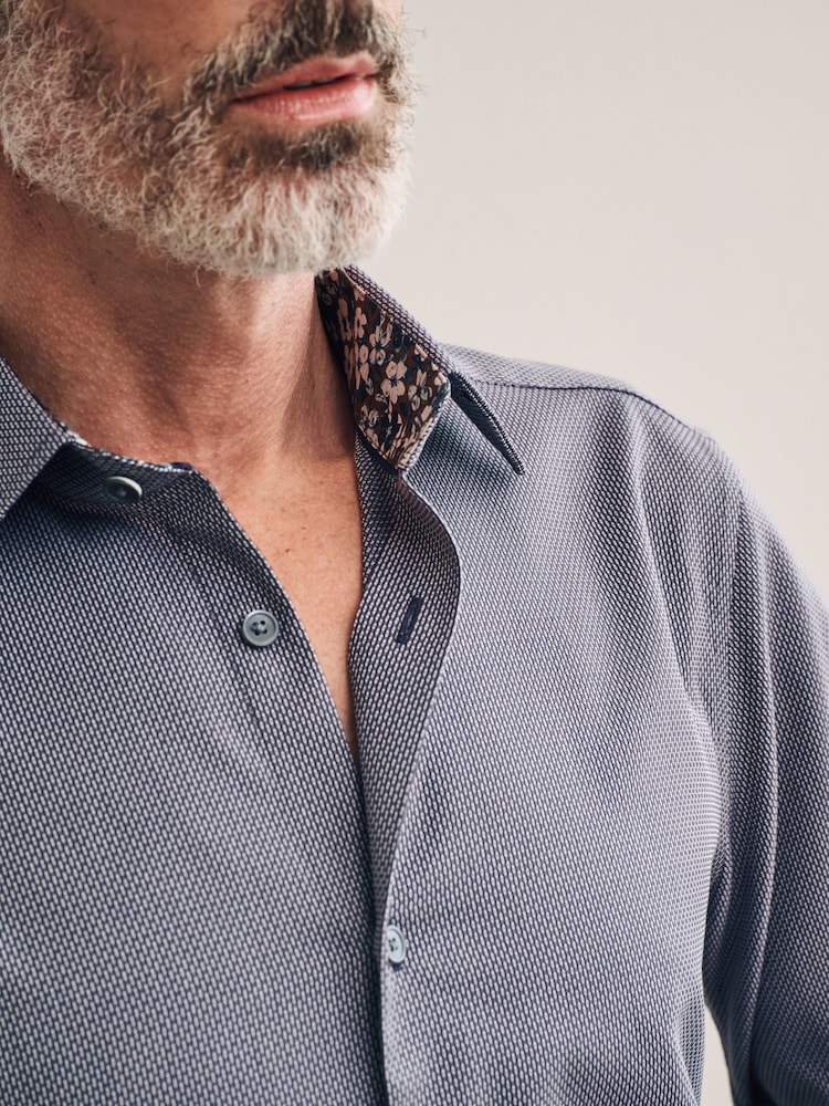 Charcoal Grey Regular Fit Signature Textured 100% Egyptian Cotton Trimmed Shirt - Image 4 of 8