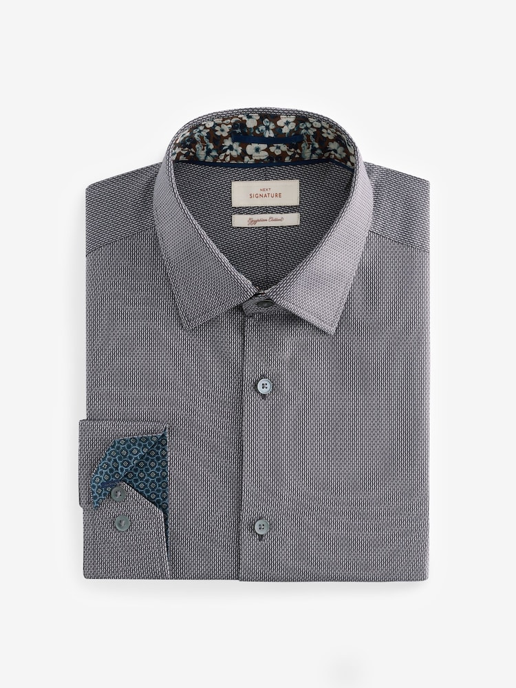 Charcoal Grey Regular Fit Signature Textured 100% Egyptian Cotton Trimmed Shirt - Image 6 of 8