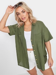 Yours Curve Khaki Green Utility Linen Shirt - Image 1 of 5