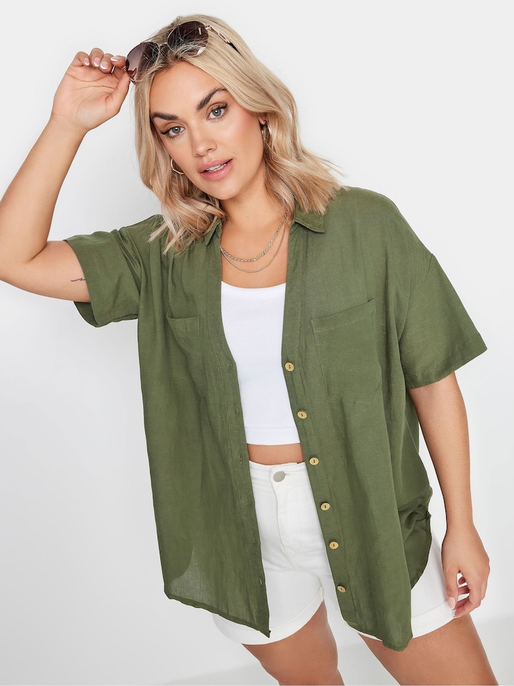 Yours Curve Khaki Green Utility Linen Shirt - Image 1 of 5
