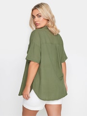 Yours Curve Khaki Green Utility Linen Shirt - Image 2 of 5
