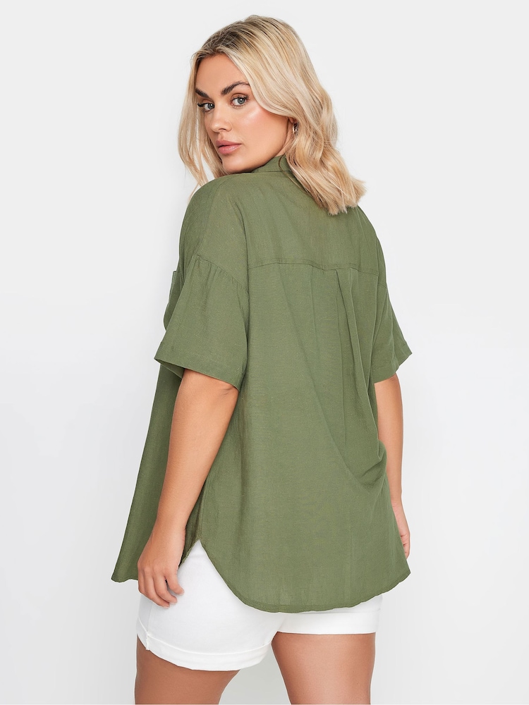 Yours Curve Khaki Green Utility Linen Shirt - Image 2 of 5