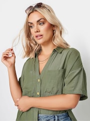 Yours Curve Khaki Green Utility Linen Shirt - Image 4 of 5