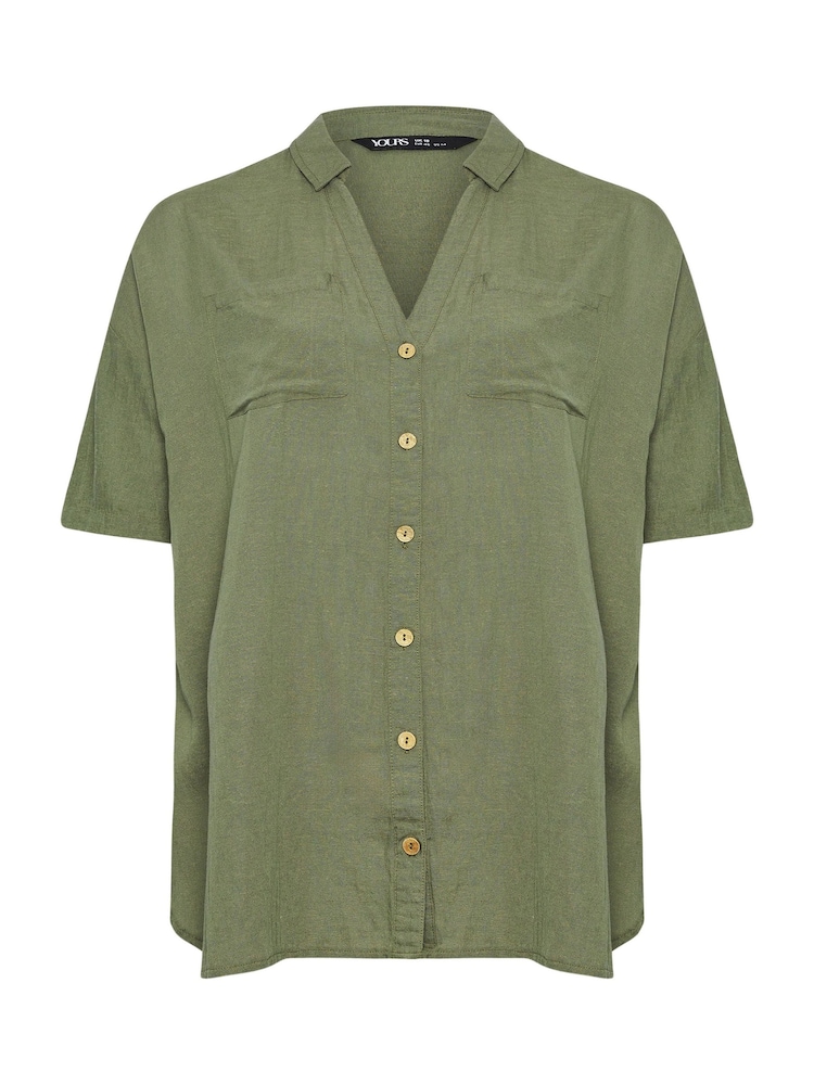 Yours Curve Khaki Green Utility Linen Shirt - Image 5 of 5