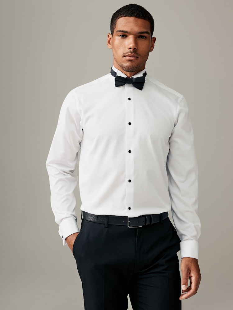 Blanc - Ajustement régulier - Textured Double Cuff Long Sleeve Shirt With Wing Collar And Bow Tie Pack - Image 2 of 7
