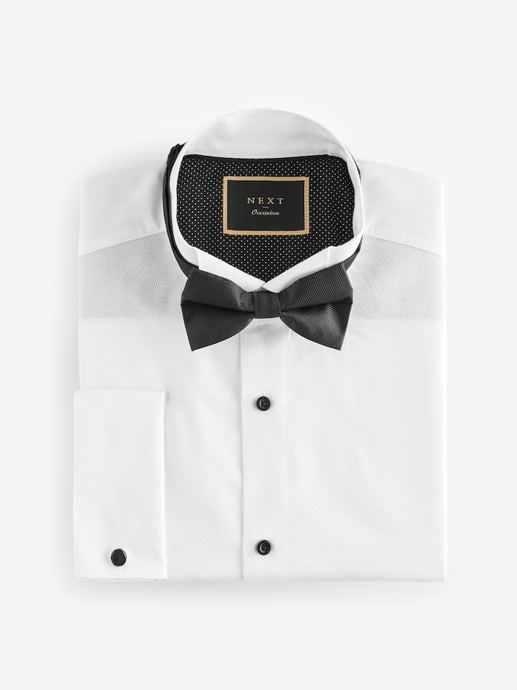Blanc - Ajustement régulier - Textured Double Cuff Long Sleeve Shirt With Wing Collar And Bow Tie Pack - Image 6 of 7