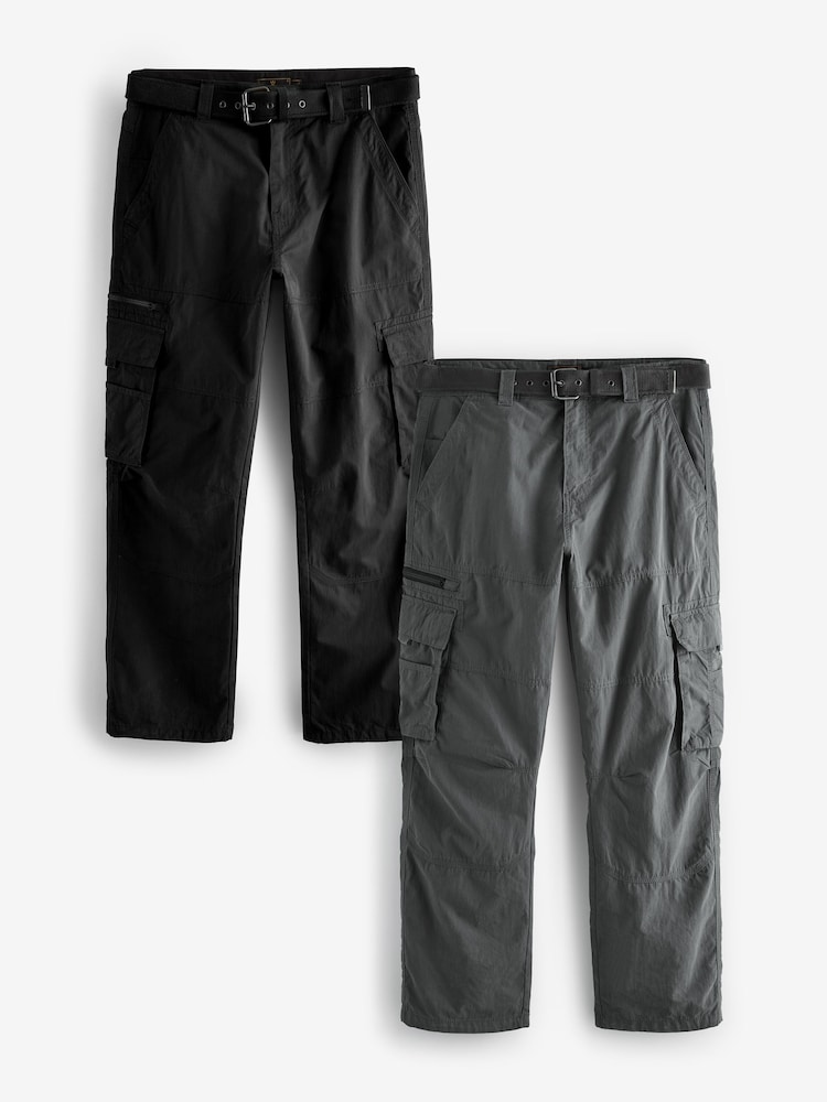Black/Charcoal Grey Belted Tech Cargo Trousers 2 Pack - Image 1 of 17