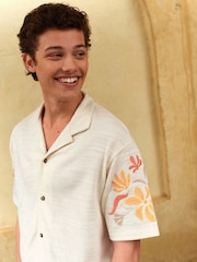 Ecru Embroidery Cuban Collar Textured Jersey Short Sleeve Shirt - Image 1 of 8