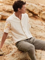 Ecru Embroidery Cuban Collar Textured Jersey Short Sleeve Shirt - Image 2 of 8