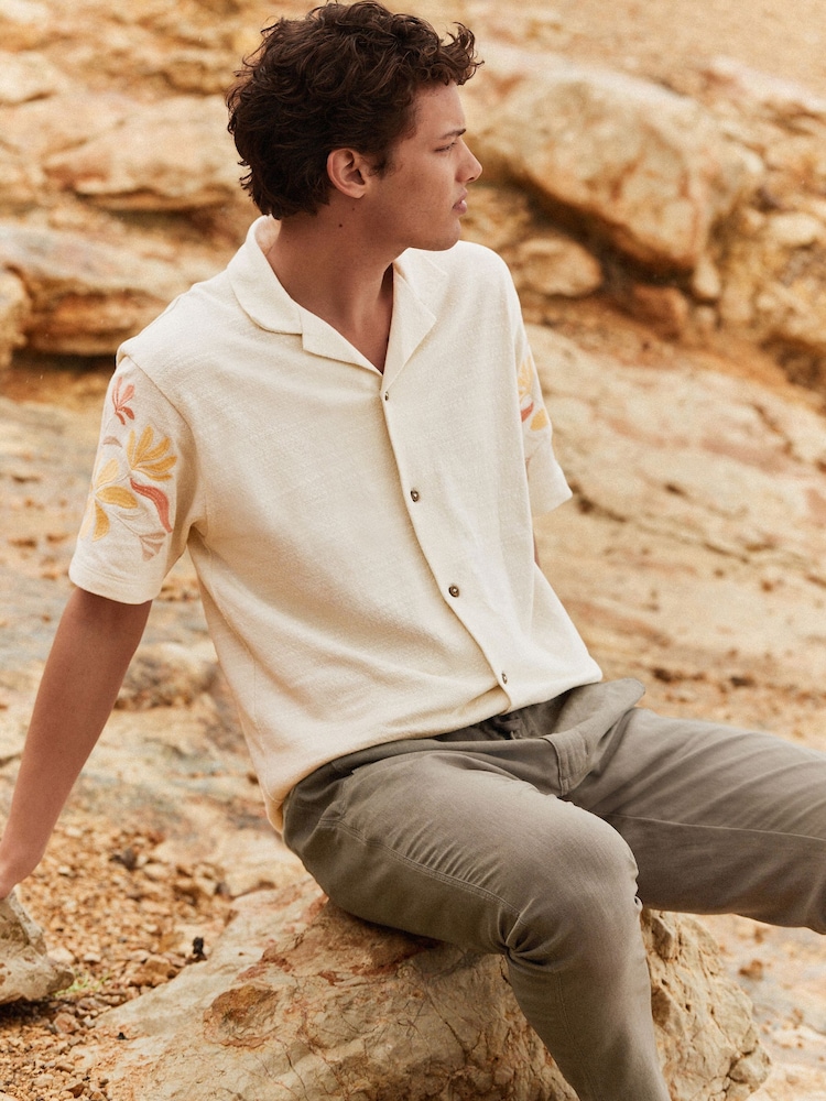 Ecru Embroidery Cuban Collar Textured Jersey Short Sleeve Shirt - Image 2 of 8