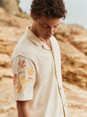 Ecru Embroidery Cuban Collar Textured Jersey Short Sleeve Shirt - Image 3 of 8