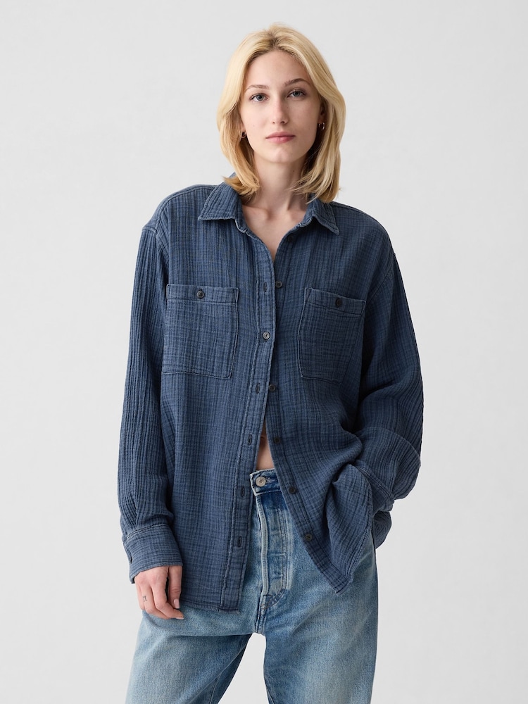 Gap Blue Crinkle Cotton Long Sleeve Oversized Shirt - Image 1 of 4