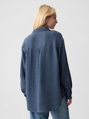Gap Blue Crinkle Cotton Long Sleeve Oversized Shirt - Image 2 of 4