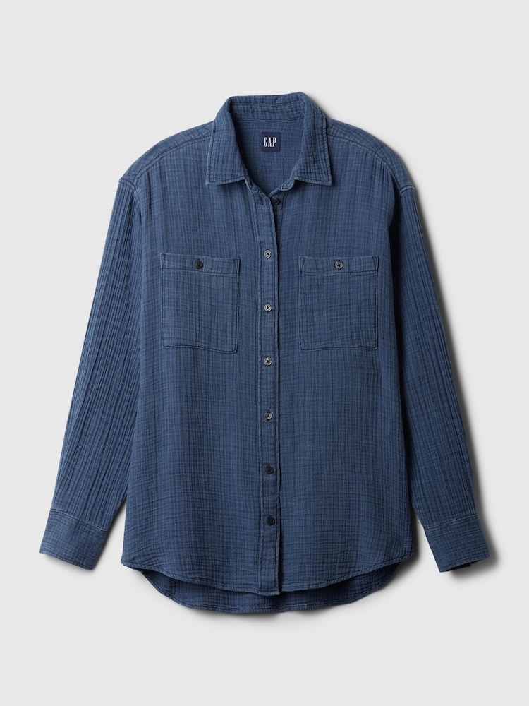 Gap Blue Crinkle Cotton Long Sleeve Oversized Shirt - Image 4 of 4