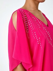 Roman Pink Embellished Cold Shoulder Overlay Dress - Image 5 of 5