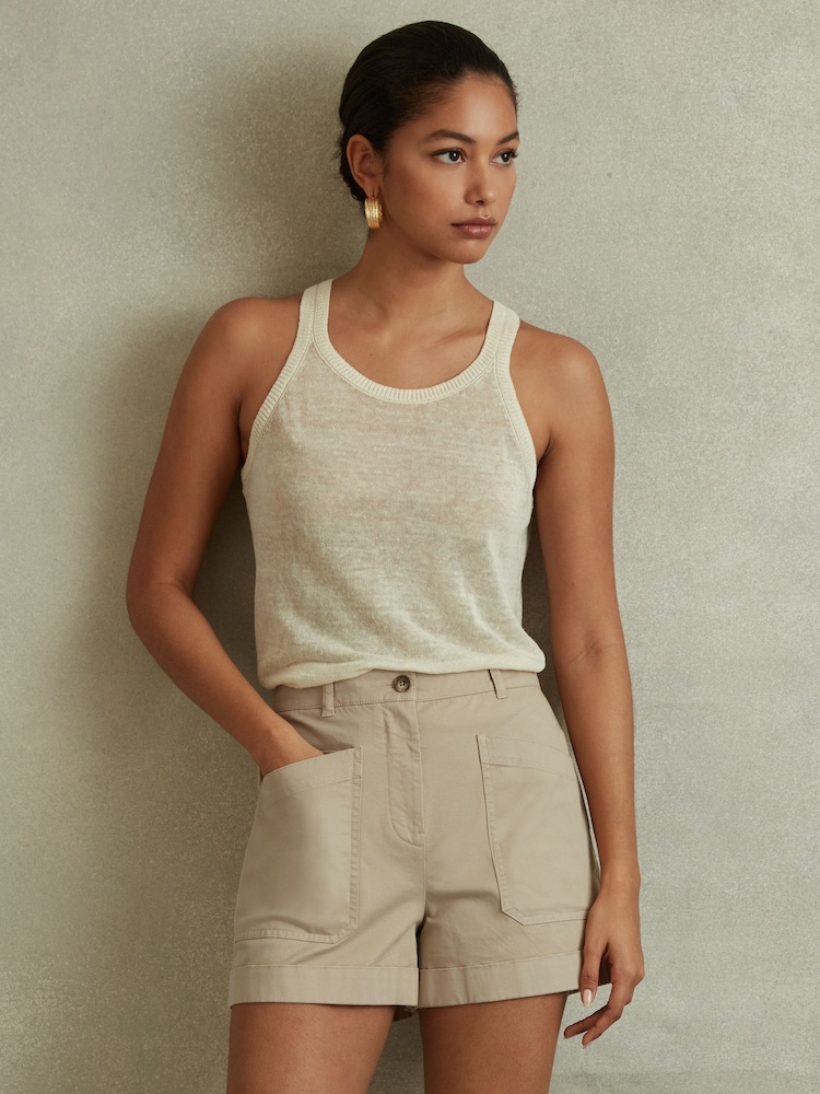 Reiss Neutral Nova Cotton Blend Shorts with Turned-Up Hems - Image 1 of 5