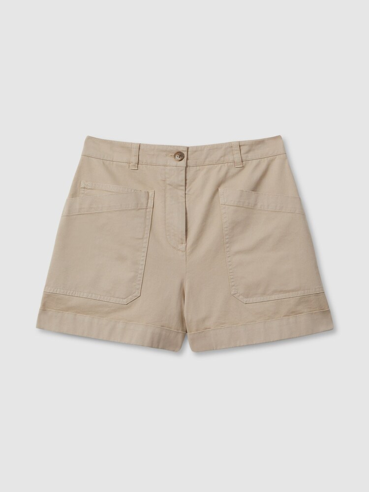 Reiss Neutral Nova Cotton Blend Shorts with Turned-Up Hems - Image 2 of 5