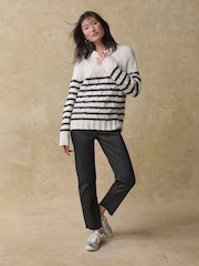 Black/White Stripe Crew Neck Cable Knitted Jumper With Wool - Image 1 of 8