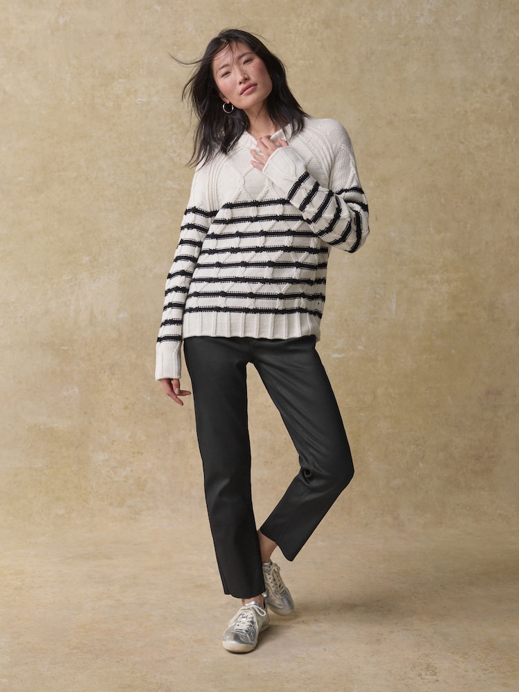 Black/White Stripe Crew Neck Cable Knitted Jumper With Wool - Image 1 of 8