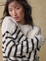 Black/White Stripe Crew Neck Cable Knitted Jumper With Wool - Image 2 of 8