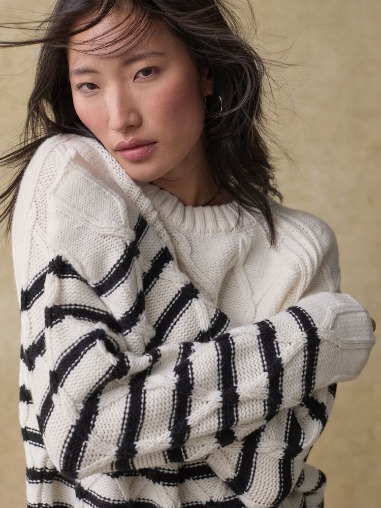 Black/White Stripe Crew Neck Cable Knitted Jumper With Wool - Image 2 of 8
