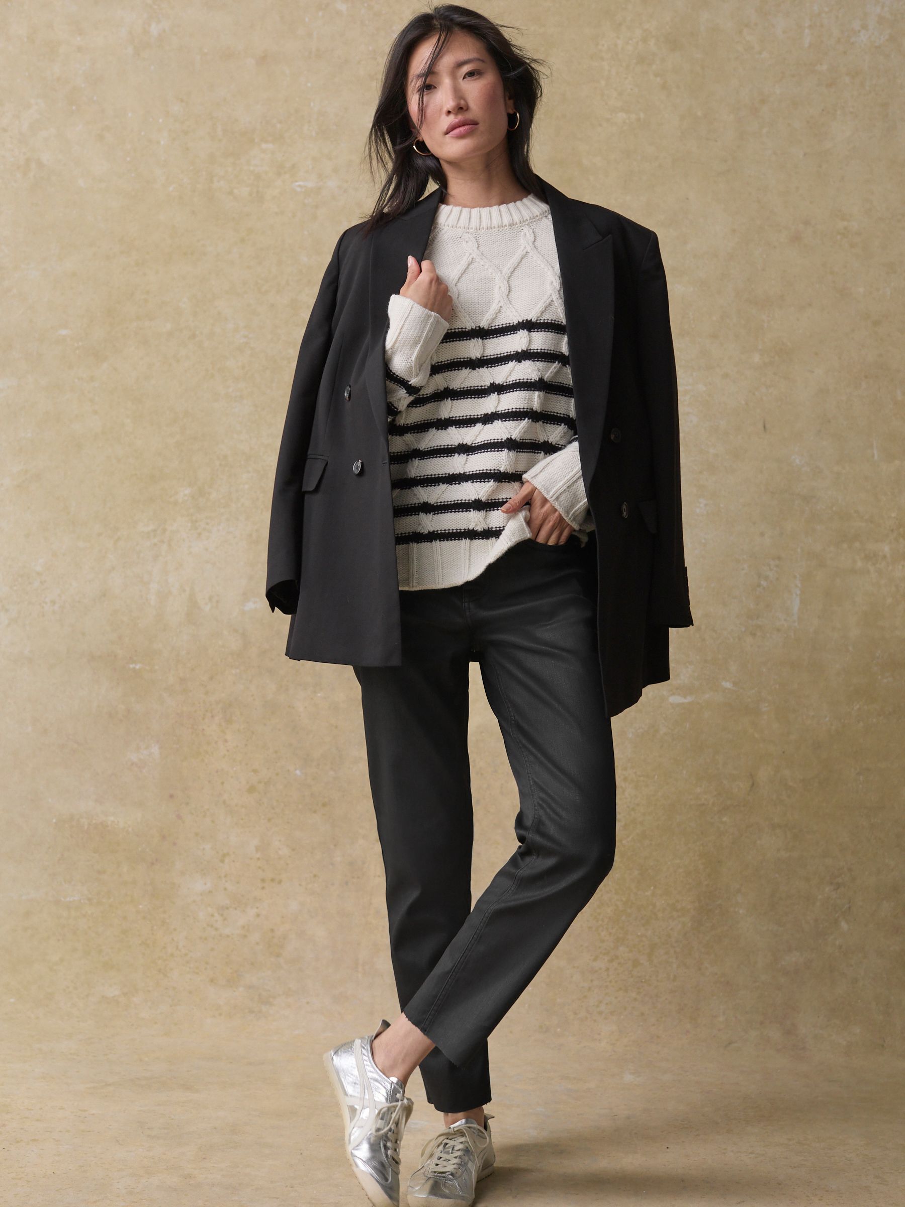 Buy Black/White Stripe Crew Neck Cable Knitted Jumper With Wool