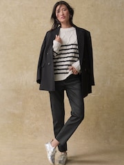 Black/White Stripe Crew Neck Cable Knitted Jumper With Wool - Image 3 of 8