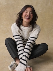 Black/White Stripe Crew Neck Cable Knitted Jumper With Wool - Image 5 of 8