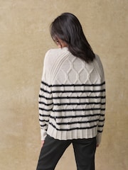 Black/White Stripe Crew Neck Cable Knitted Jumper With Wool - Image 6 of 8