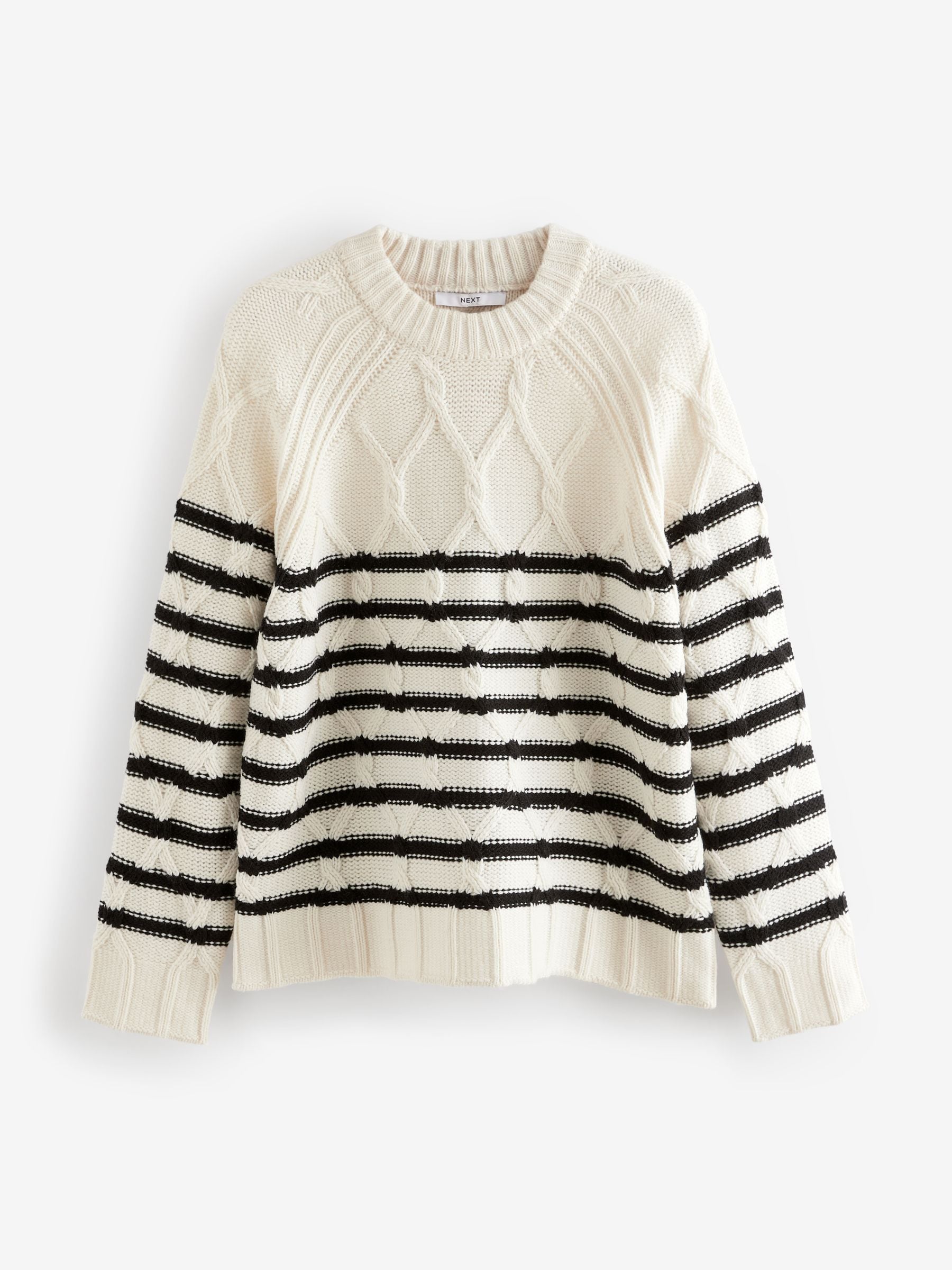 Buy Black/White Stripe Crew Neck Cable Knitted Jumper With Wool