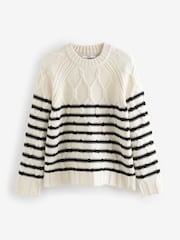 Black/White Stripe Crew Neck Cable Knitted Jumper With Wool - Image 7 of 8