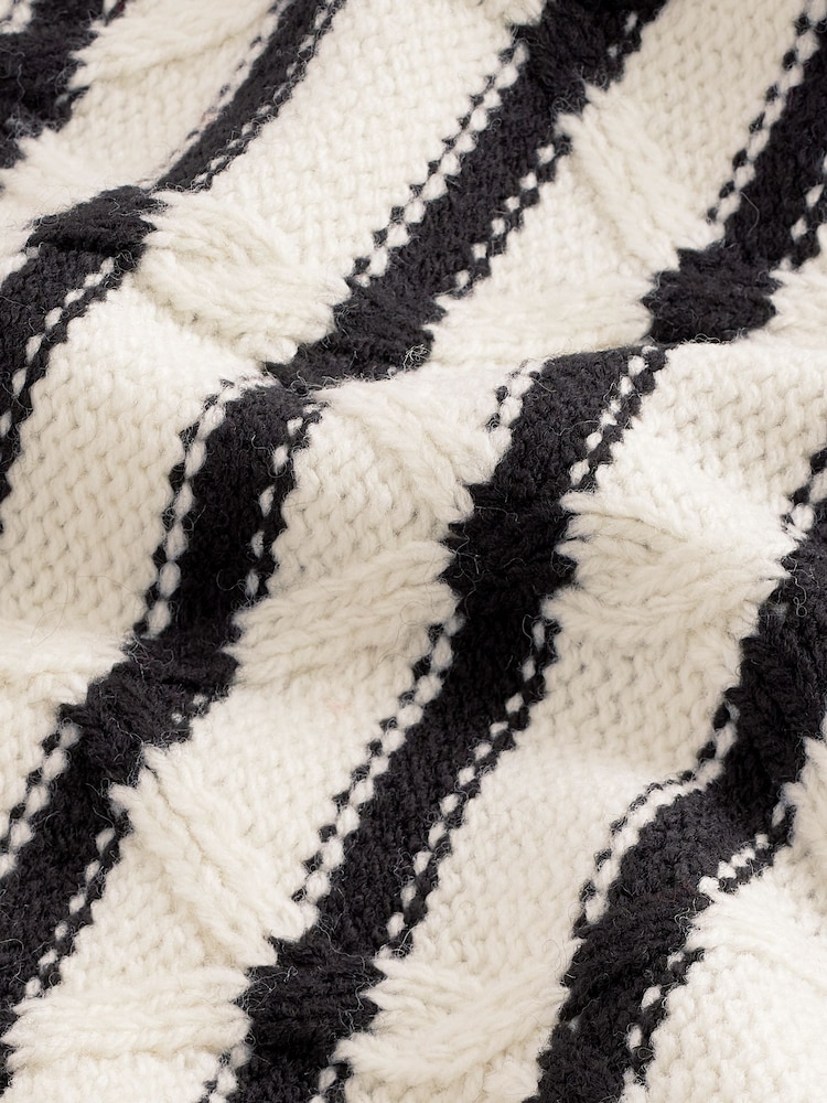 Black/White Stripe Crew Neck Cable Knitted Jumper With Wool - Image 8 of 8