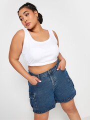 Yours Curve Mid Blue Denim Cargo Shorts - Image 1 of 5