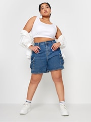 Yours Curve Mid Blue Denim Cargo Shorts - Image 2 of 5