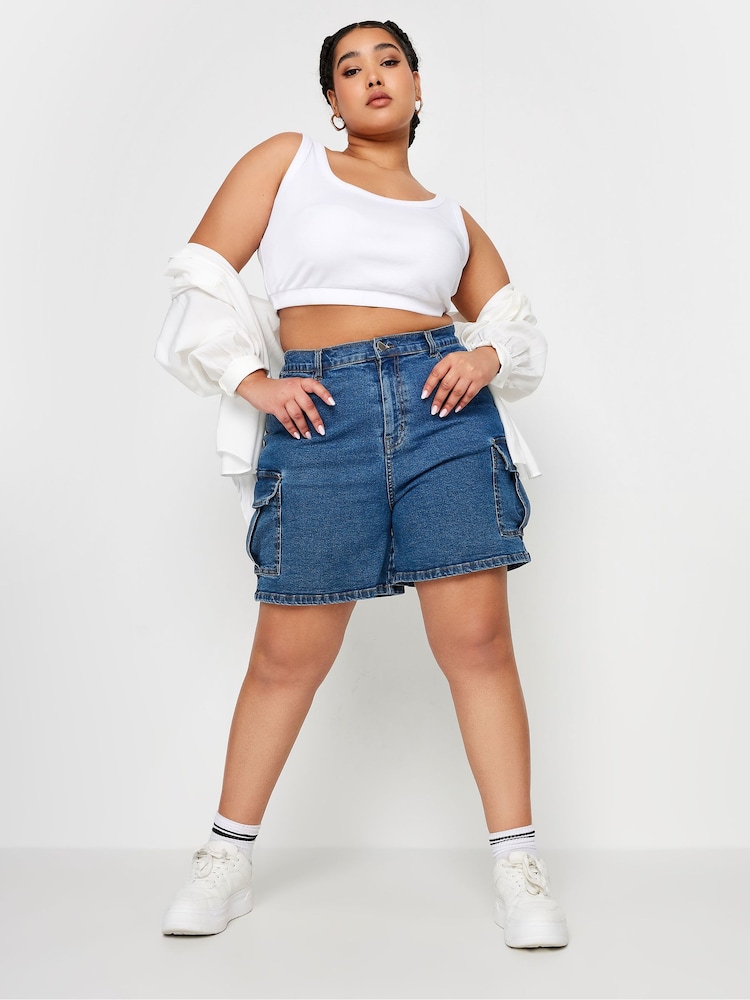 Yours Curve Mid Blue Denim Cargo Shorts - Image 2 of 5