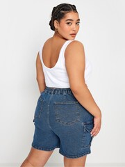 Yours Curve Mid Blue Denim Cargo Shorts - Image 3 of 5