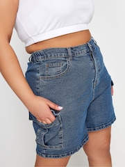 Yours Curve Mid Blue Denim Cargo Shorts - Image 4 of 5