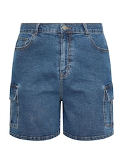 Yours Curve Mid Blue Denim Cargo Shorts - Image 5 of 5