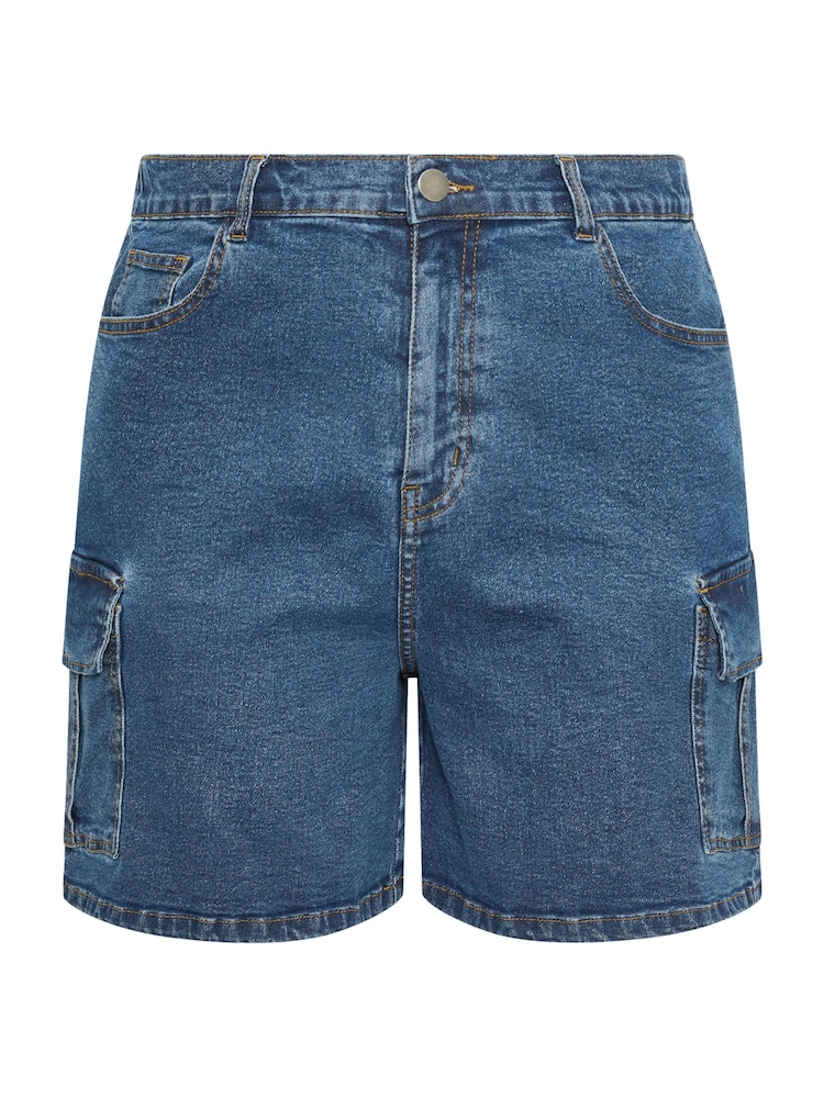 Yours Curve Mid Blue Denim Cargo Shorts - Image 5 of 5