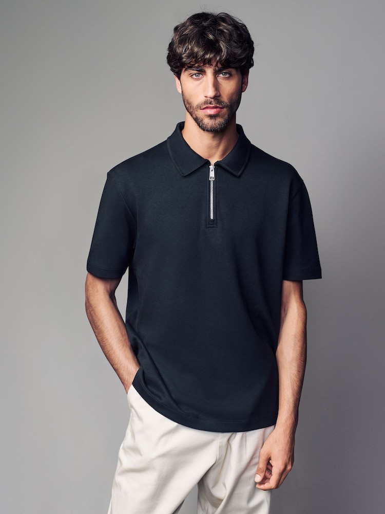 Black Relaxed Fit Heavyweight Quarter Zip Polo Shirt - Image 1 of 7